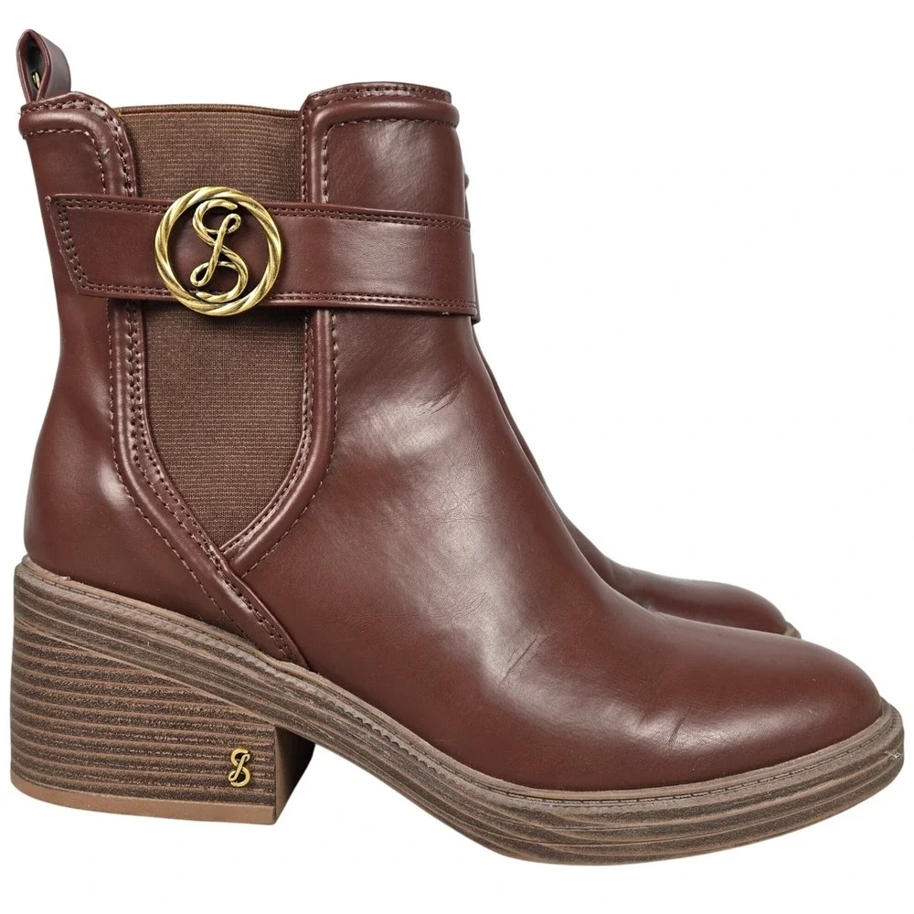 Sam & Libby Natalia Brown Faux Leather Buckle Stacked Heel Ankle Boots 9.5M